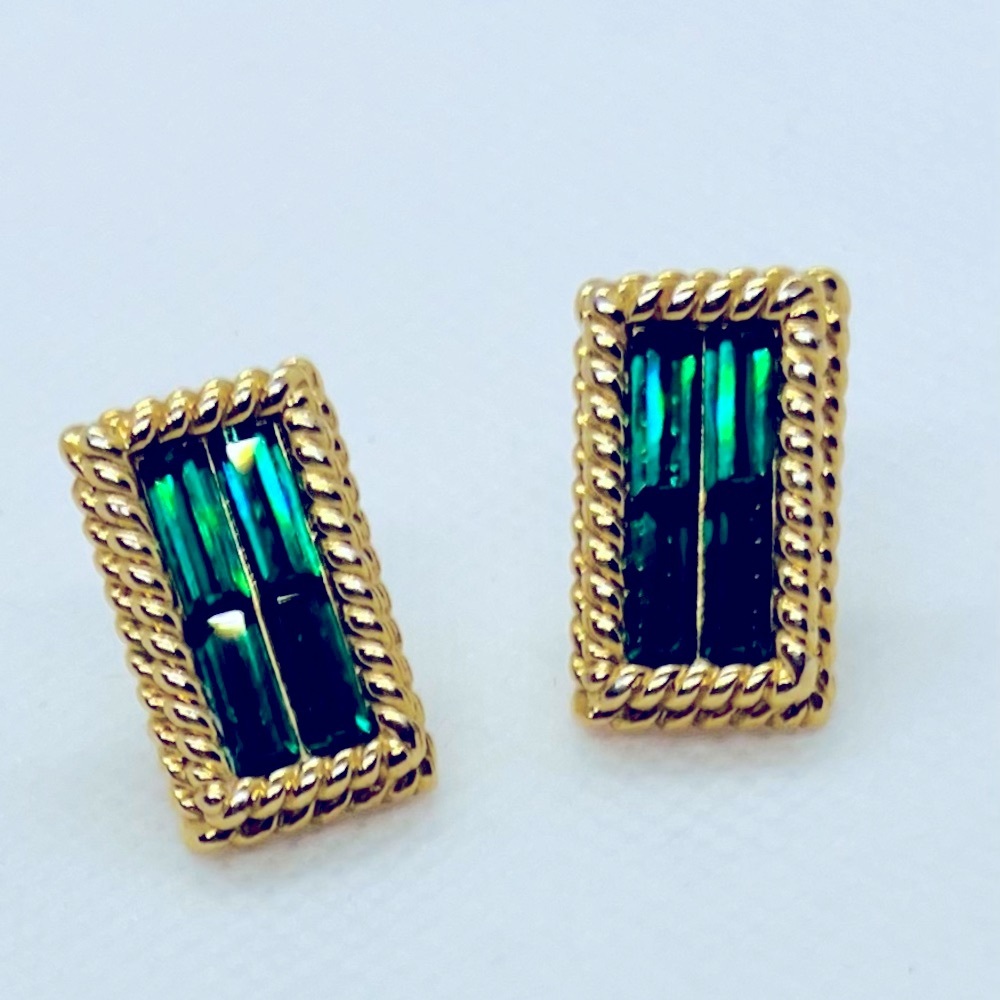 Authentic Swarovski Swan Signed Crystal Green and Gold Post Earrings